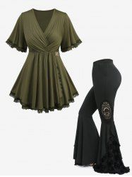 T-shirt asymétrique à bordure en dentelle et pantalon évasé à motifs de crânes, tenue grande taille - Vert 