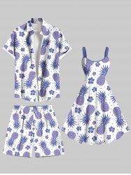 Tenue de plage hawaïenne assortie grande taille à imprimé ananas et fleurs d'hibiscus pour couples - Violet clair 