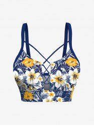 Haut de tankini hawaïen à lacets, imprimé floral, feuilles tropicales et hibiscus (bretelles réglables) - Bleu M