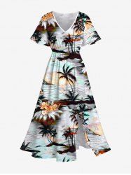 Plus Size Coconut Tree Sea Hibiscus Flower Print Hawaii Split Pocket A Line Midi Dress -  