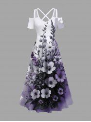 Plus Size Flowers Leaf Ombre Colorblock Print Cold Shoulder Crisscross Hawaii Maxi Dress -  