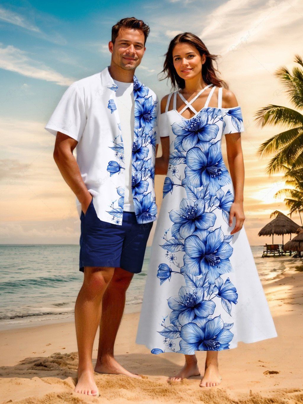 Discount Flowers Leaf Print Plus Size Matching Hawaii Beach Outfit For Couples  