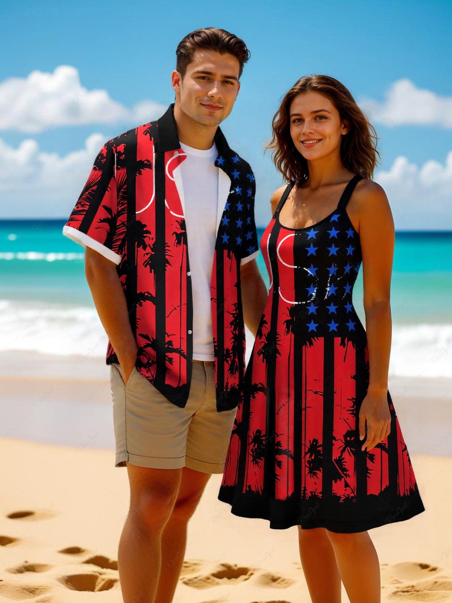 Fashion American Flag Ink Painting Coconut Tree Print Plus Size Matching Set For Couples  