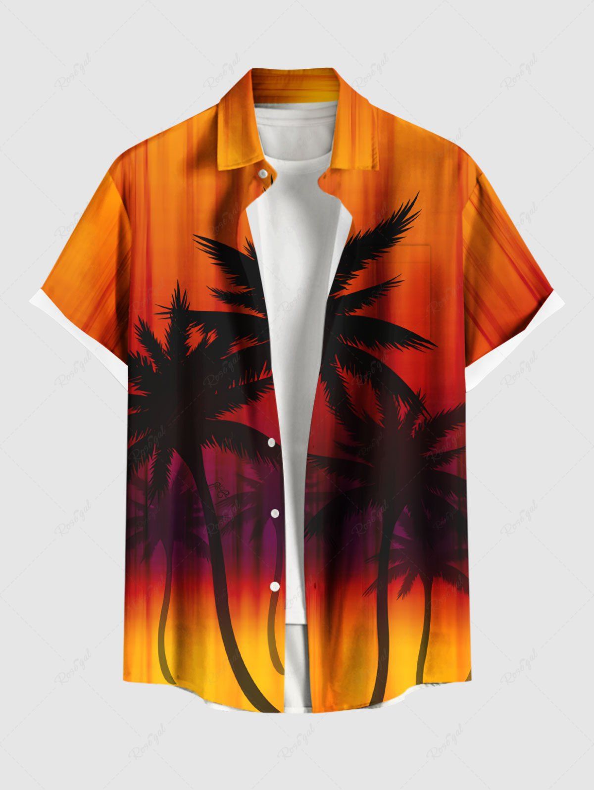 Chemise hawaïenne grande taille à imprimé cocotiers ombré et colorblock, boutons et poches, pour homme Orange Foncé L