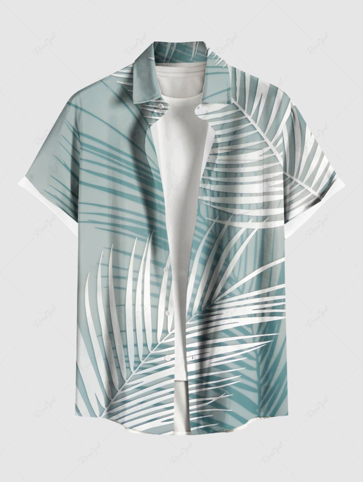 Chemise hawaïenne grande taille à imprimé feuilles tropicales ombré et boutons avec poches pour homme Vert clair 6XL