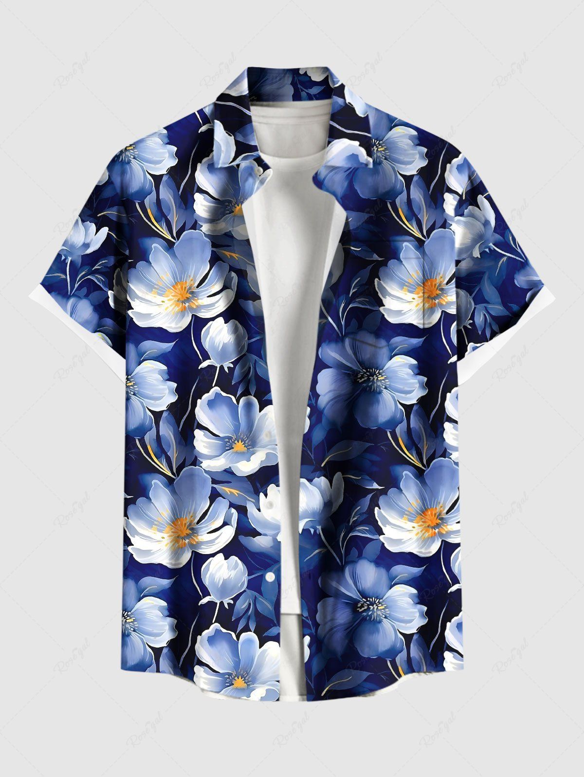 Chemise hawaïenne grande taille à imprimé floral et poches boutonnées pour homme Bleu 6XL