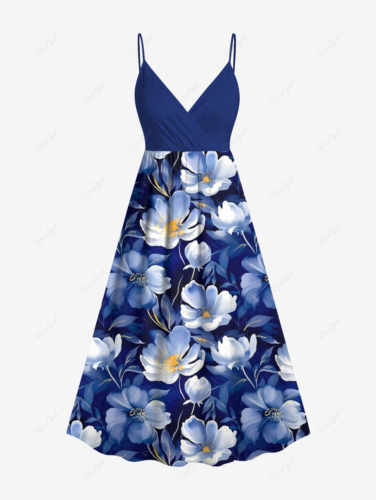Fashion Plus Size Flowers Print Surplice Hawaii Cami Dress  