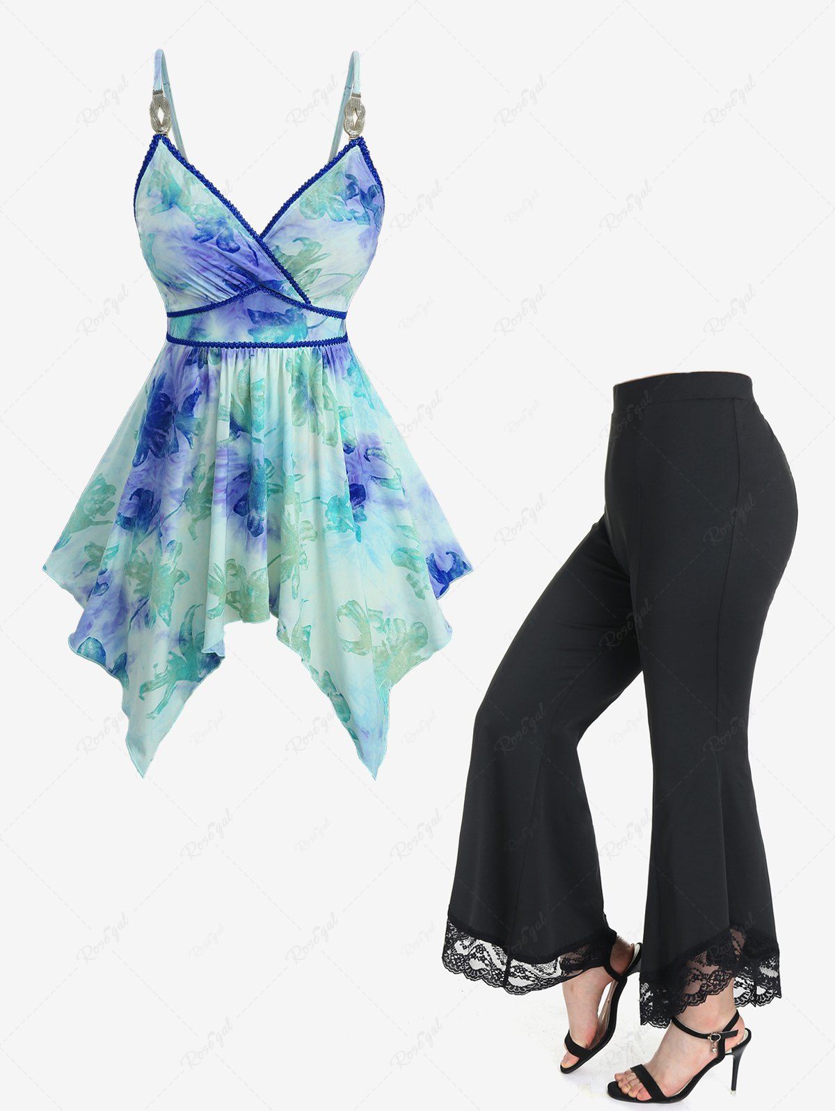 Online Tie Dye Printed Flower Flocking Surplice Handkerchief Top and Lace Panel High Waisted Flare Pants Plus Size Outfit  