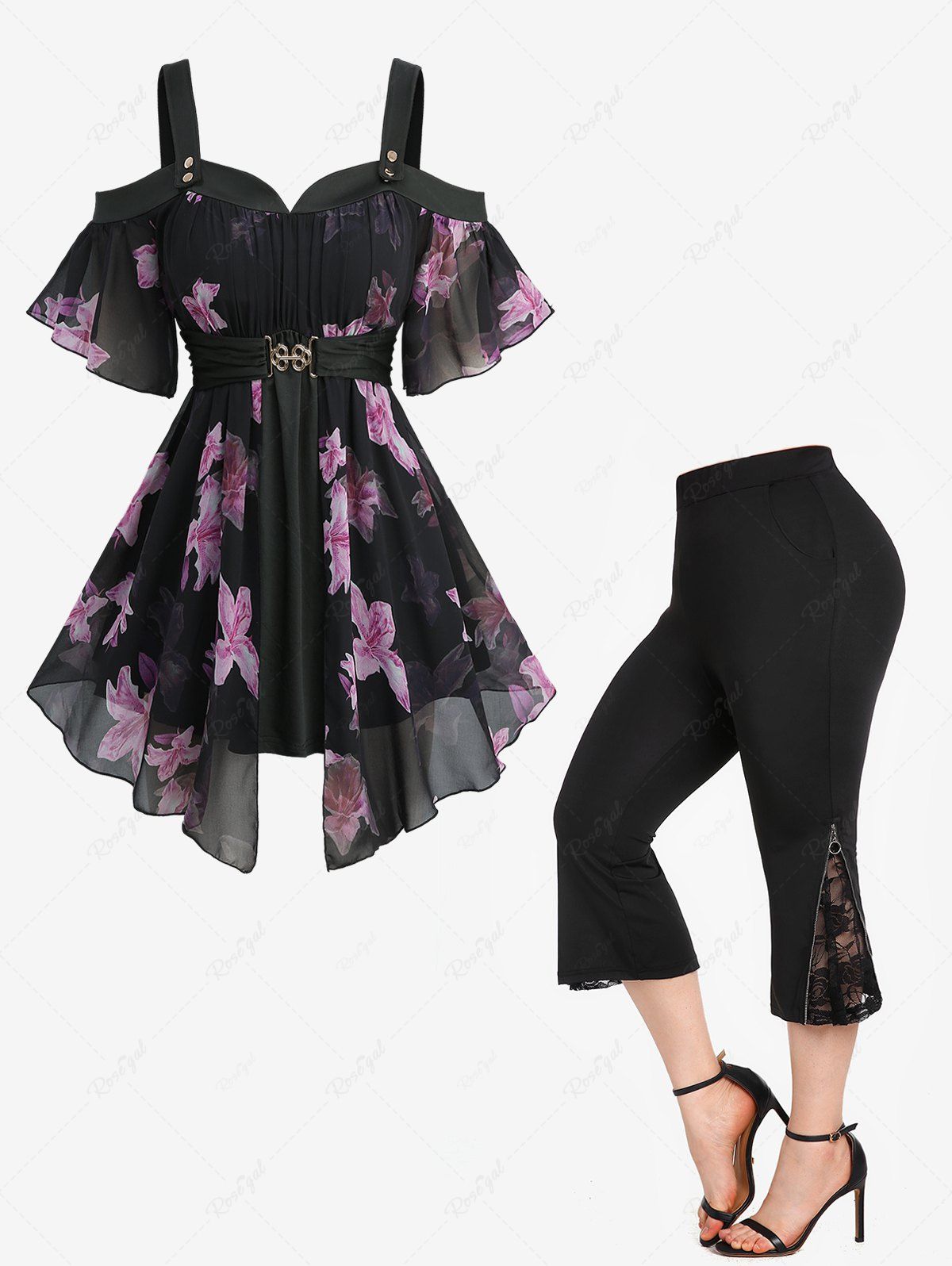 Best Flowers Print Chiffon Asymmetrical Cold Shoulder Blouse and Lace Panel Pull On Pants Plus Size Outfit  