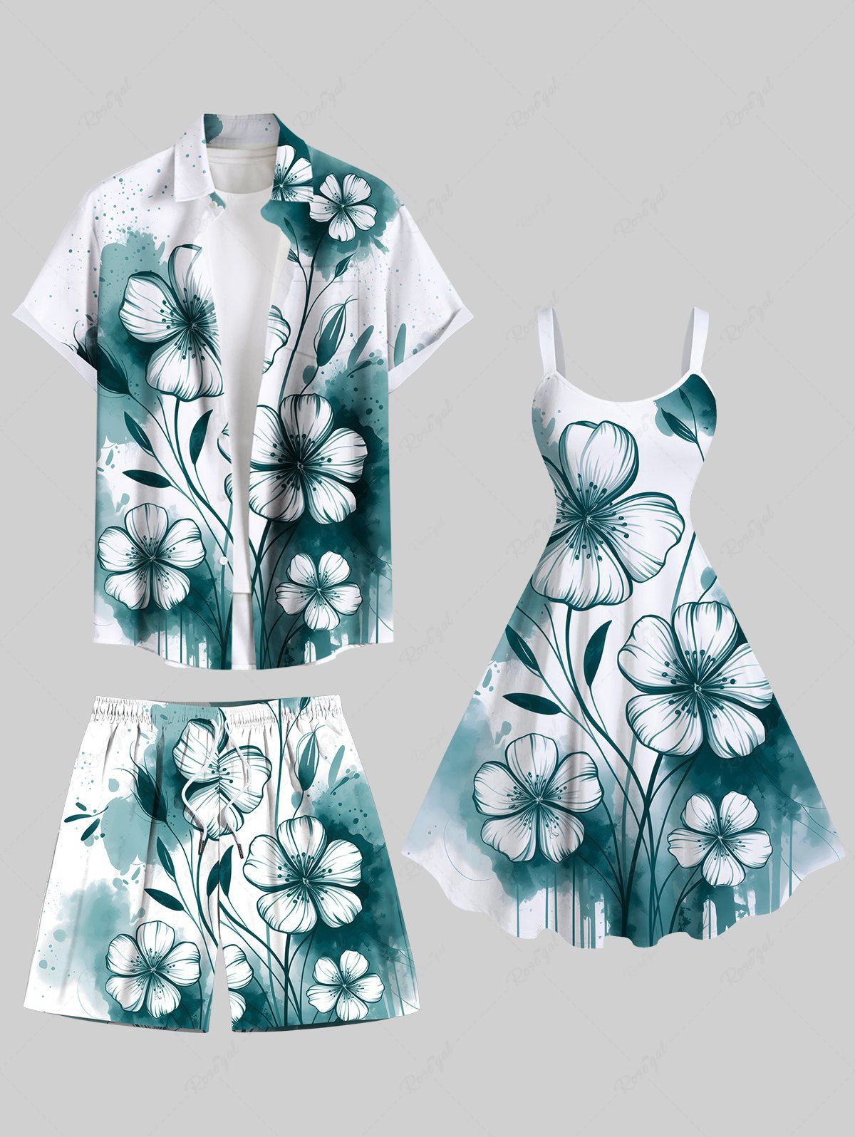 Tenue de plage hawaïenne assortie grande taille, motif floral aquarelle, peinture à l'encre, pour couple Vert 