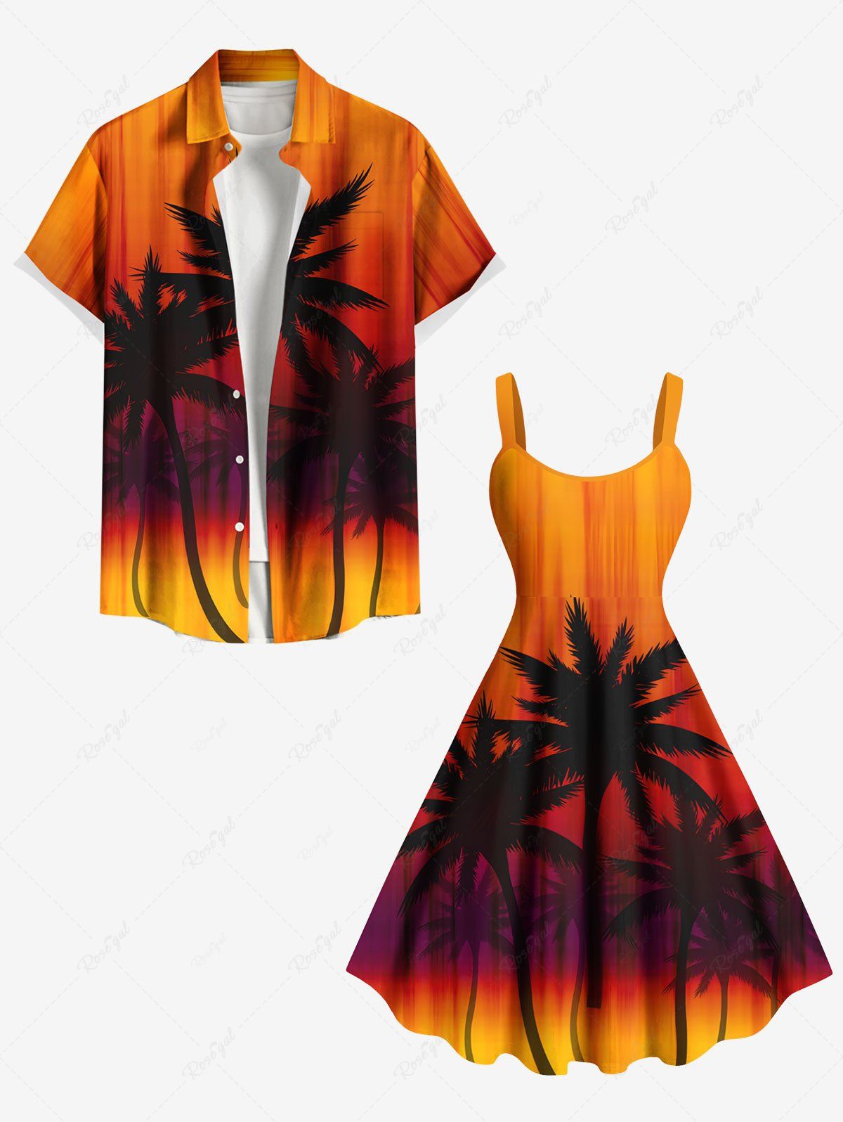 Tenue de plage hawaïenne assortie grande taille à imprimé cocotier ombré colorblock pour couples Orange Foncé 