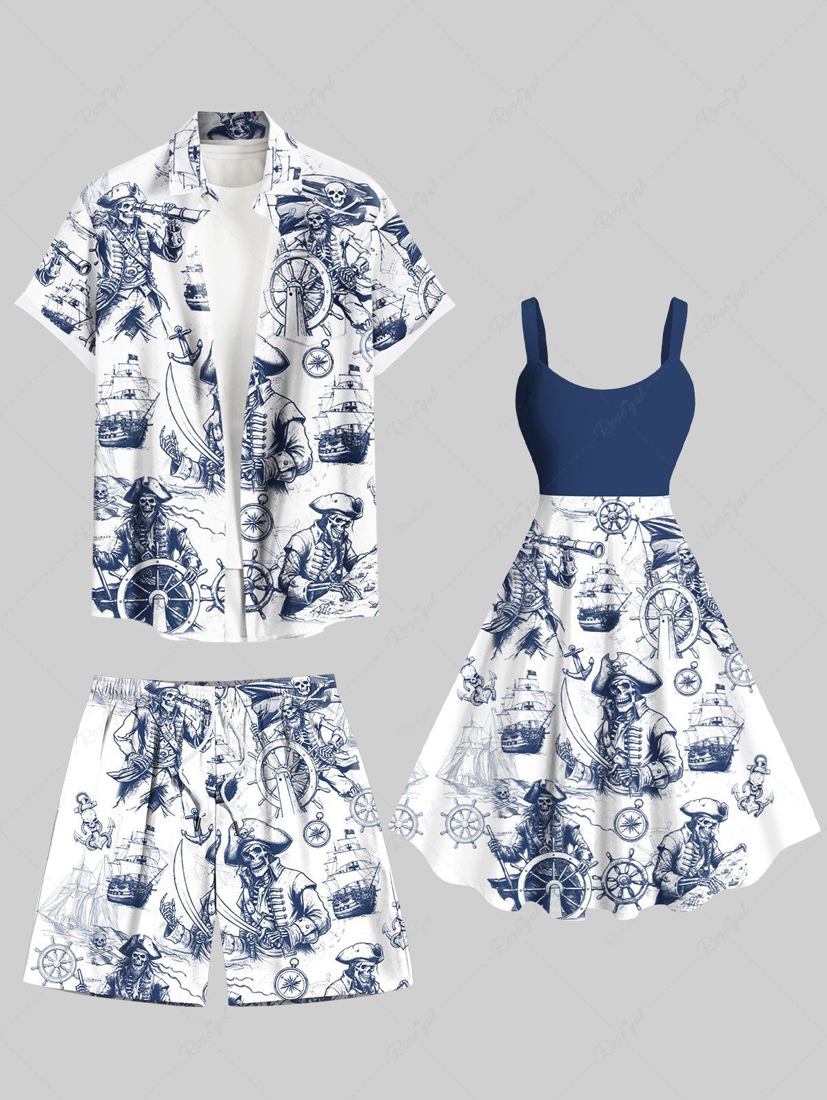 Latest Skull Pirate Ship Rudder Anchor Cruise Print Plus Size Matching Hawaii Beach Outfit For Couples  