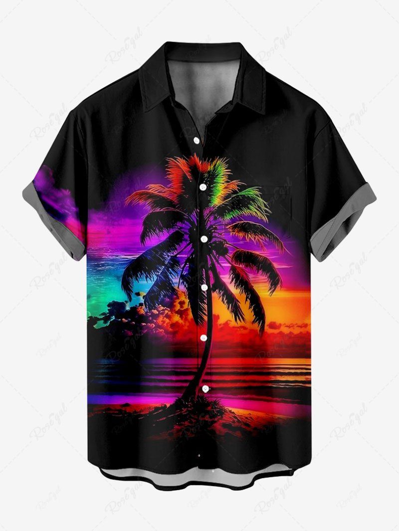 Chemise hawaïenne grande taille à boutons et poches, imprimé cocotiers et ciel coloré, pour homme Noir XL