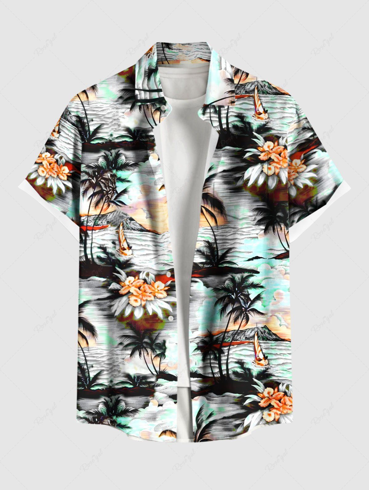 Chemise hawaïenne grande taille à imprimé floral cocotier et hibiscus pour homme Blanc 5XL
