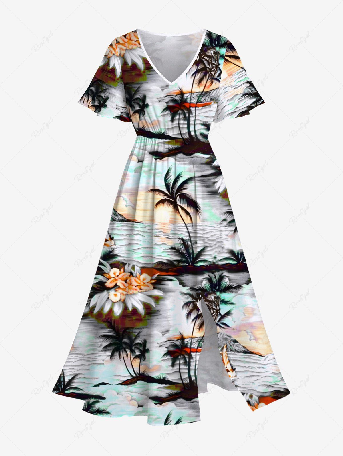 Shops Plus Size Coconut Tree Sea Hibiscus Flower Print Hawaii Split Pocket A Line Midi Dress  