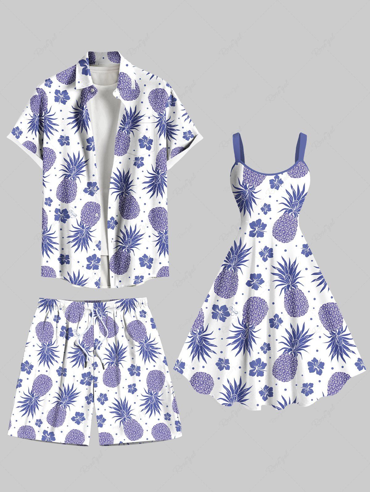 Tenue de plage hawaïenne assortie grande taille à imprimé ananas et fleurs d'hibiscus pour couples Violet clair 