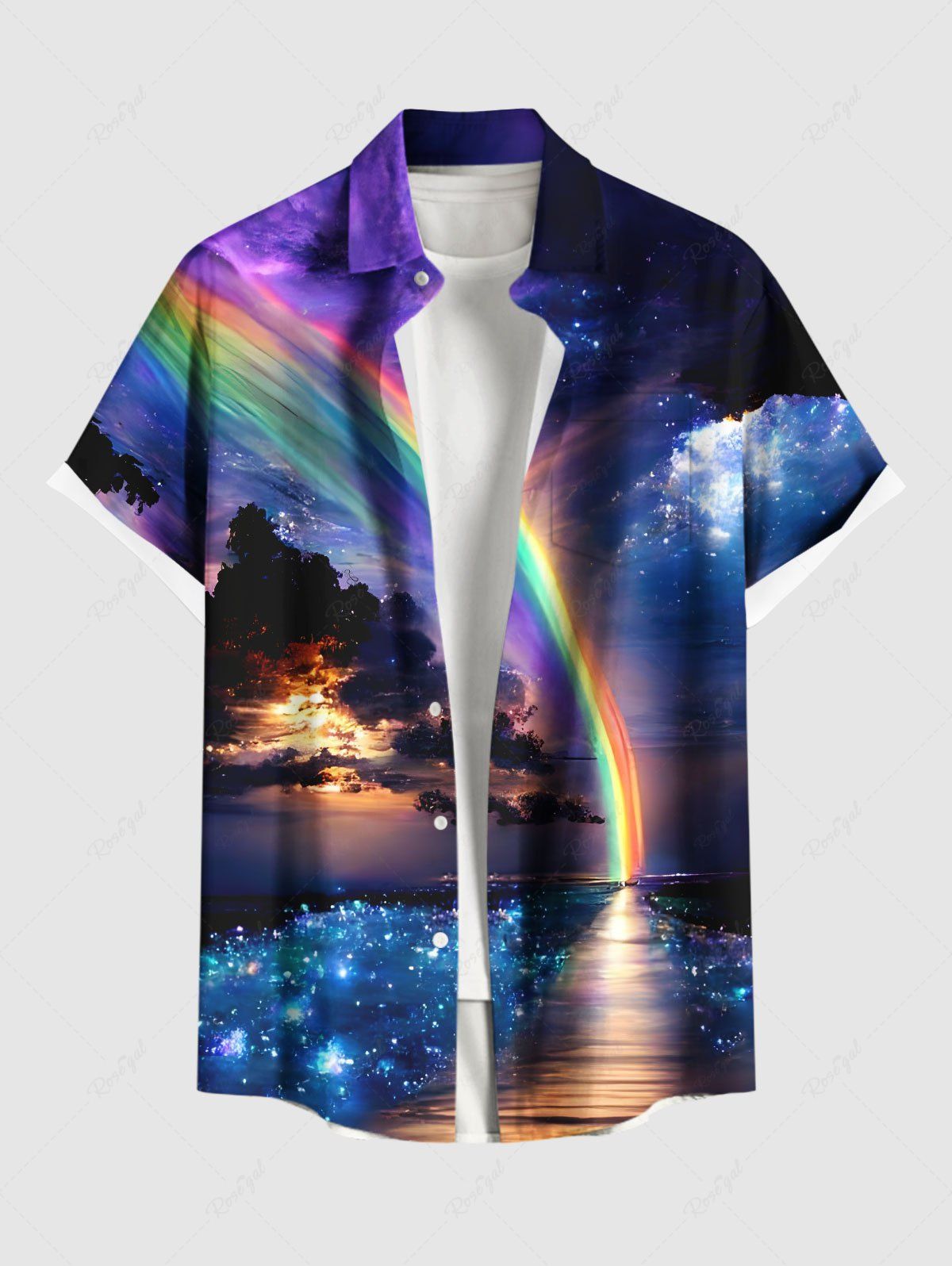 Chemise hawaïenne à boutons et poches pour homme, grande taille, motif galaxie, aurore, crépuscule, mer, paillettes, ombré Multi-A 2XL