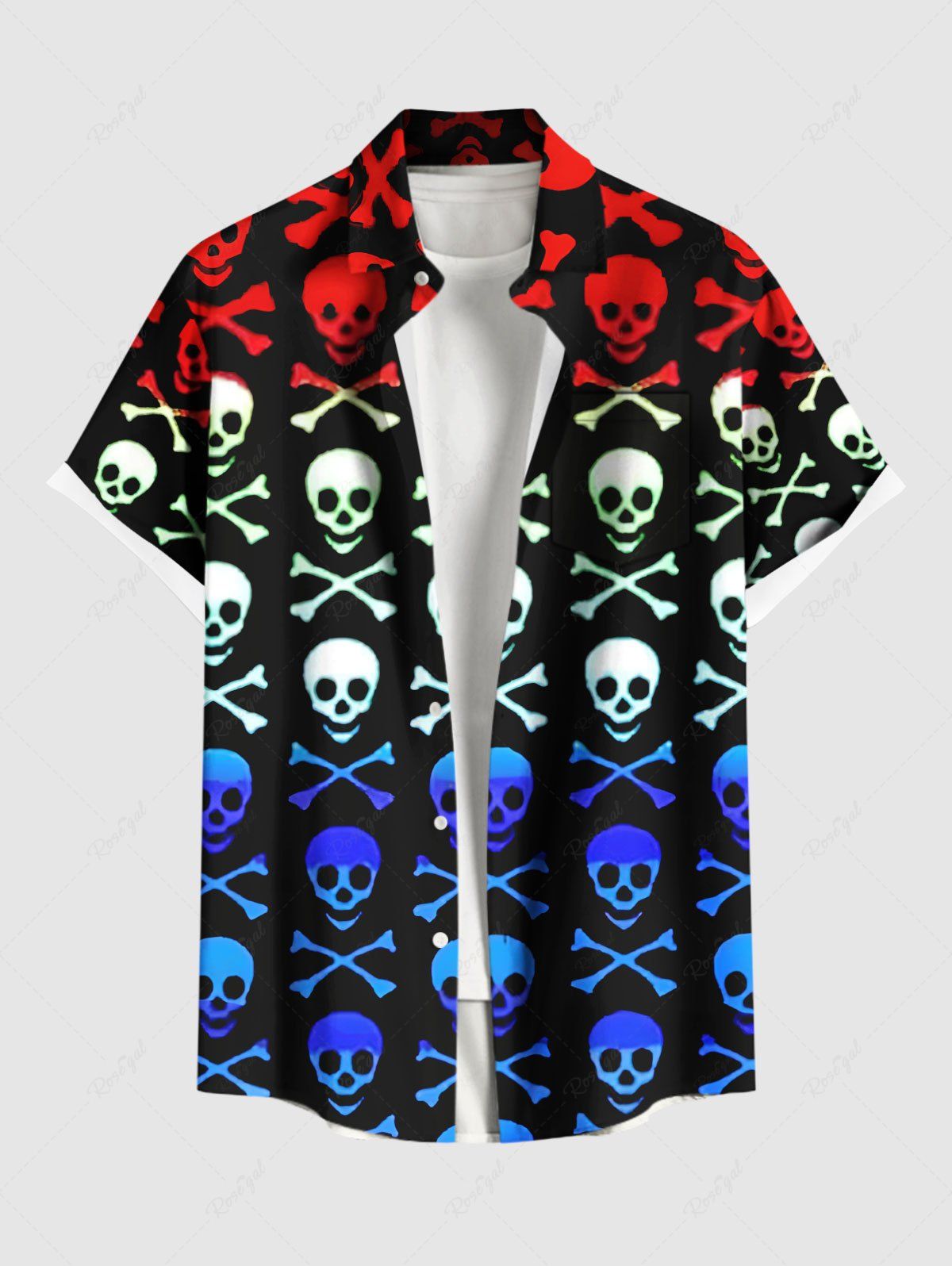 Chemise hawaïenne grande taille à imprimé tête de mort et os ombré avec poches boutonnées pour homme Multi-A 4XL