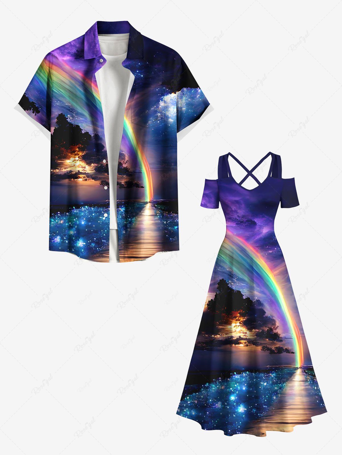 Tenue de plage hawaïenne assortie grande taille, motif galaxie, aurore, crépuscule, imprimé mer, ombré et pailleté, pour couples Pourpre  