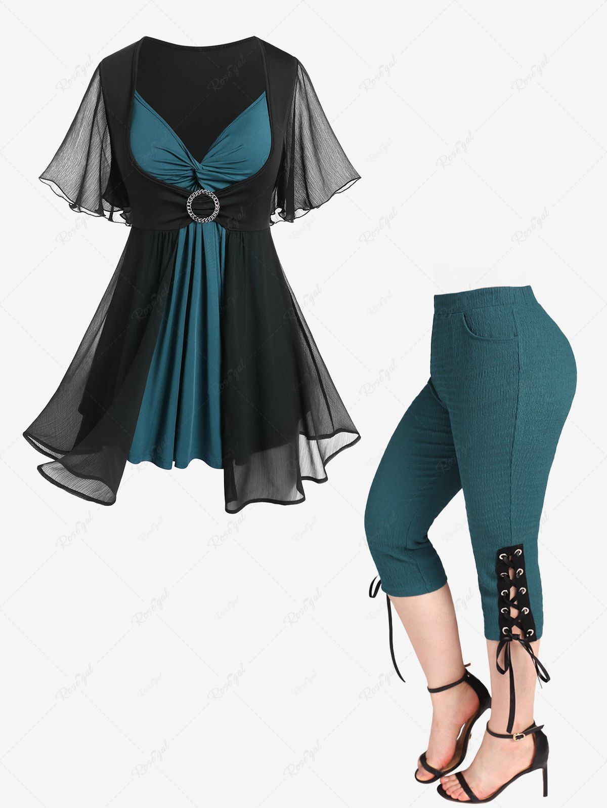 Tenue grande taille avec t-shirt à manches flottantes et pantalon capri texturé à lacets Vert profond 
