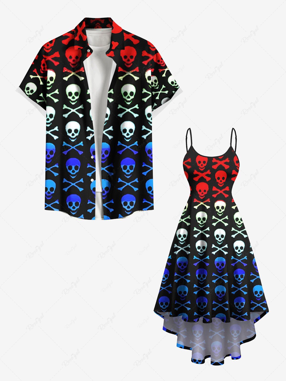 Fancy Ombre Skull Bone Print Plus Size Matching Outfit For Couples  