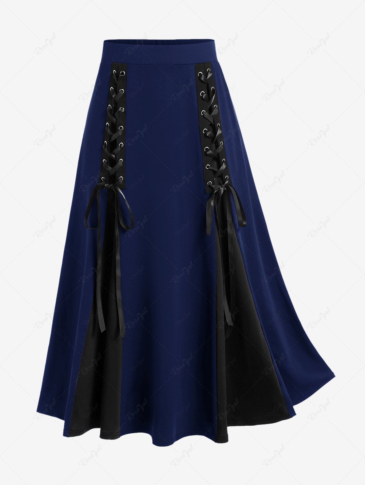 Costume de vampire d'Halloween gothique à lacets, jupe de marche victorienne mi-longue à ourlet godet bicolore Bleu 4X | US 26-28