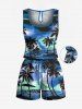 Ensemble chemise et barboteuse hawaïennes assorties, grande taille, imprimé cocotier et fleurs de mer, pour couples - Bleu 