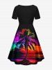 Plus Size Coconut Tree Colorful Sky Print Cinched Hawaii Dress -  