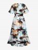 Plus Size Coconut Tree Sea Hibiscus Flower Print Hawaii Split Pocket A Line Midi Dress -  