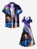 Plus Size Glitter Ombre Galaxy Aurora Dusk Sea Print Hawaii Cold Shoulder Crisscross A Line Maxi Dress -  