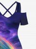 Plus Size Glitter Ombre Galaxy Aurora Dusk Sea Print Hawaii Cold Shoulder Crisscross A Line Maxi Dress -  