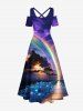 Plus Size Glitter Ombre Galaxy Aurora Dusk Sea Print Hawaii Cold Shoulder Crisscross A Line Maxi Dress -  