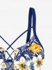 Haut de tankini hawaïen à lacets, imprimé floral, feuilles tropicales et hibiscus (bretelles réglables) - Bleu M