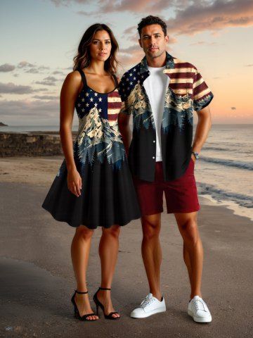 Patriotic American Flag Snow Mountain Print Plus Size Matching Outfit For Couples - BLACK