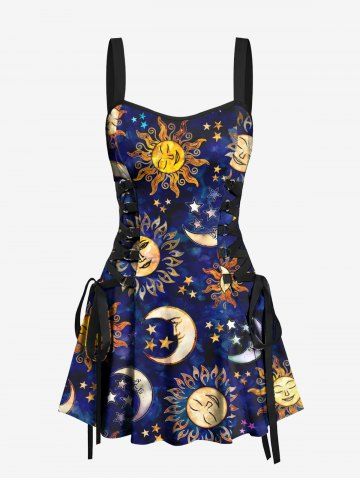 Galaxy Tie Dye Sun Moon Star Print Lace Up Hawaii Tank Dress - DEEP BLUE - XXXL