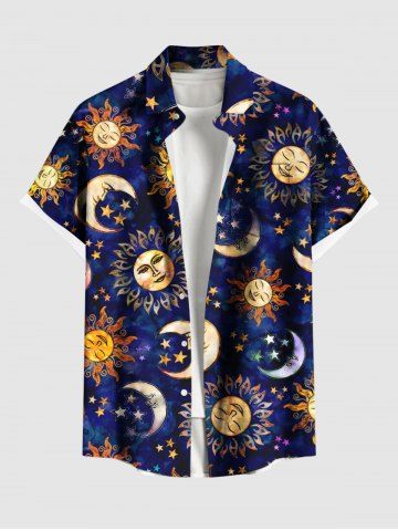 Plus Size Galaxy Tie Dye Sun Moon Star Print Buttons Pocket Hawaii Shirt For Men - BLACK - M
