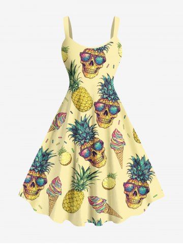 Plus Size Skull Pineapple Ice Cream Print Hawaii A Line Tank Dress - YELLOW - 3X