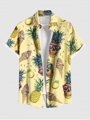 Plus Size Skull Pineapple Ice Cream Print Hawaii Button Pocket Shirt For Men - YELLOW - 4XL
