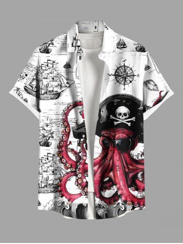 Plus Size Skull Octopus Pirate Sailboat Print Hawaii Cruise Buttons Pocket Shirt For Men - WHITE - 2XL