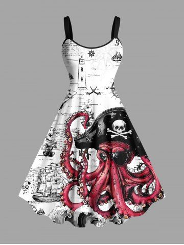Plus Size Skull Octopus Pirate Sailboat Print Hawaii Cruise A Line Tank Dress - WHITE - 5X