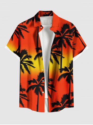 Plus Size Coconut Tree Ombre Print Hawaii Button Pocket Shirt For Men - ORANGE - 3XL