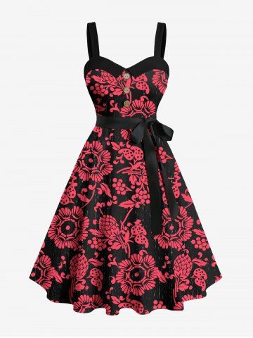 Plus Size Floral Pine Cones Print Hawaii Button A Line Tank Dress with Removable Belt - RED - XS