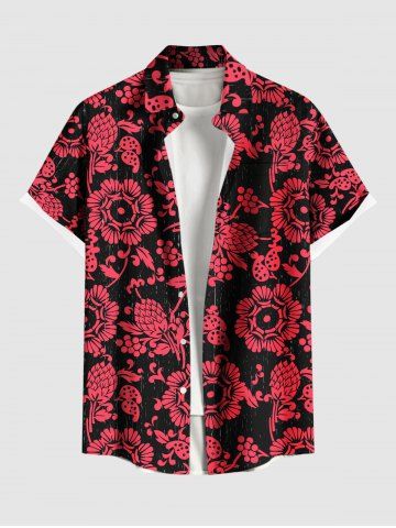 Plus Size Floral Pine Cones Print Hawaii Button Pocket Shirt For Men - RED - 6XL