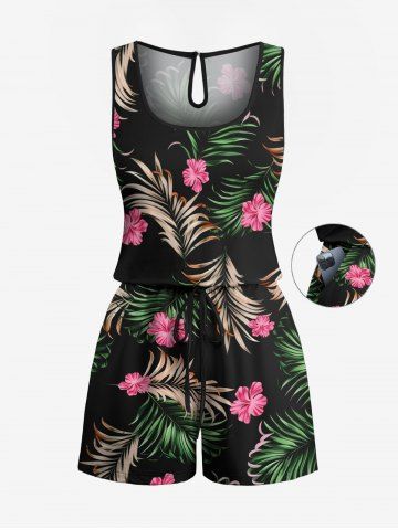 Plus Size Tropical Leaves Floral Print Hawaii Drawstring Pocket Romper
