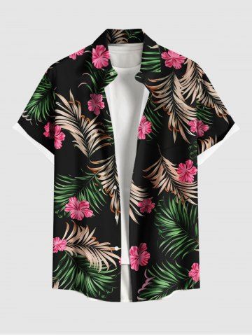 Plus Size Tropical Leaves Floral Print Hawaii Button Pocket Shirt For Men - BLACK - 5XL