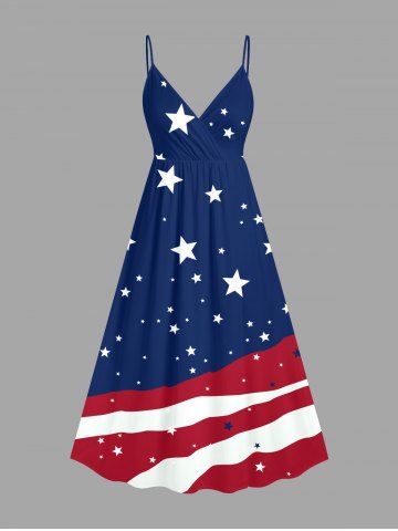 Plus Size Patriotic American Flag Stars Print Surplice A Line Cami Dress - DEEP BLUE - XS