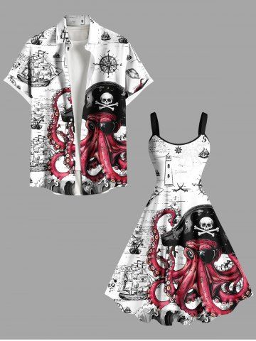 Skull Octopus Pirate Sailboat Print Plus Size Matching Hawaii Cruise Beach Outfit For Couples - WHITE