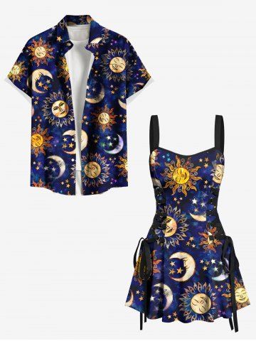 Tenue de plage hawaïenne assortie à imprimé galaxie tie-dye soleil, lune et étoiles pour couples
