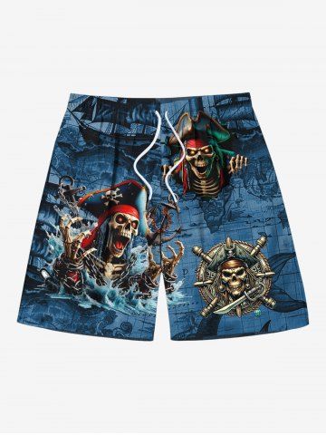 Plus Size Skull Skeleton Pirate Sea Waves Print Hawaii Cruise Drawstring Beach Shorts For Men - DEEP BLUE - 7XL