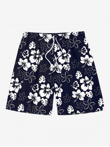 Plus Size Hibiscus Floral Print Hawaii Drawstring Beach Shorts For Men - BLACK - 8XL